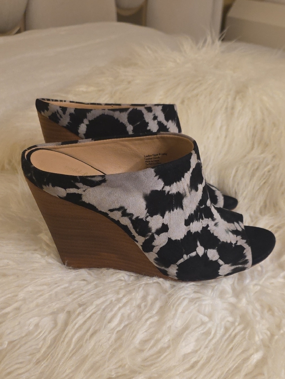 Eight Fifteen Leather Black & Gray Tie-Dye Open-Toe Wedge Mules Size 9